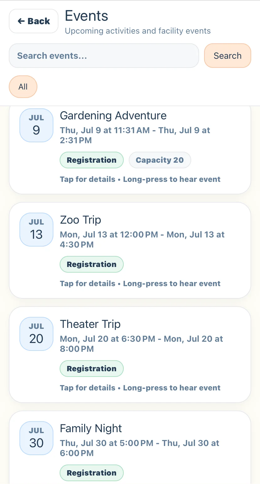 ChimeBuddy community events screen