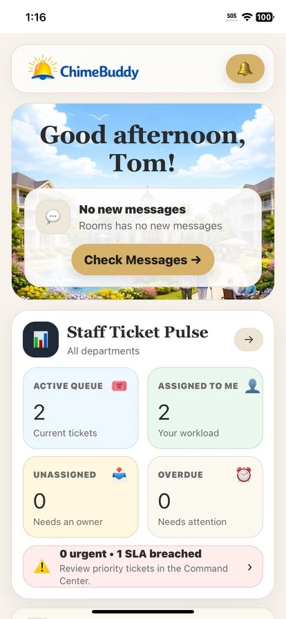 ChimeBuddy staff home screen with Staff Ticket Pulse widget