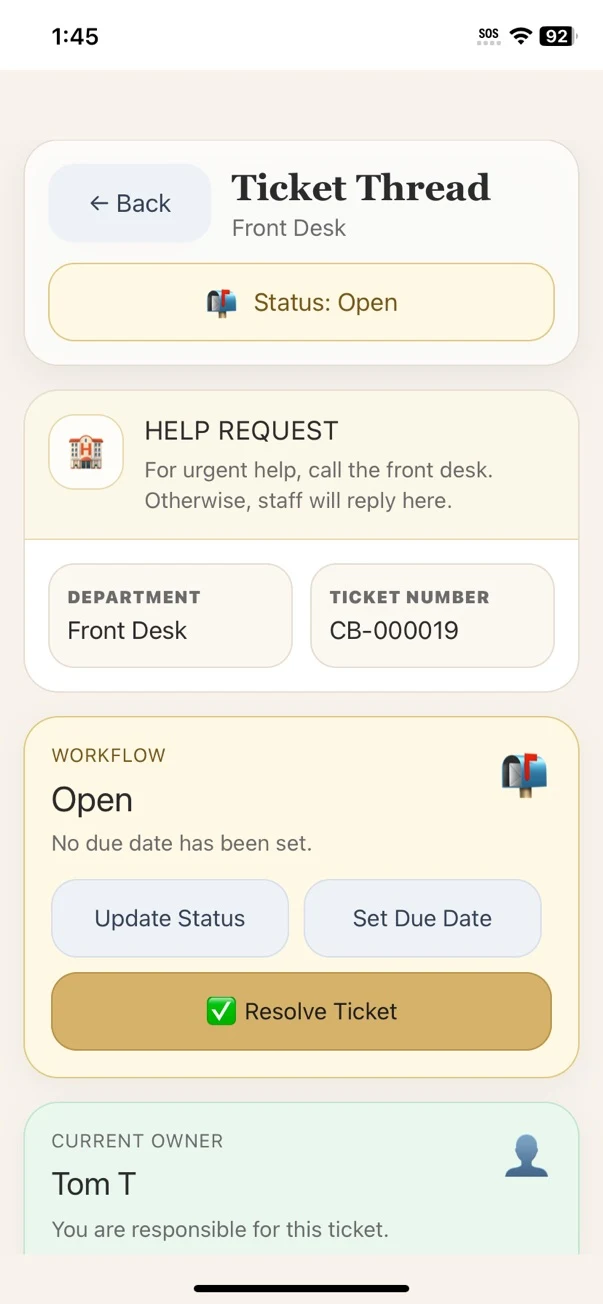 ChimeBuddy staff ticket workflow screen